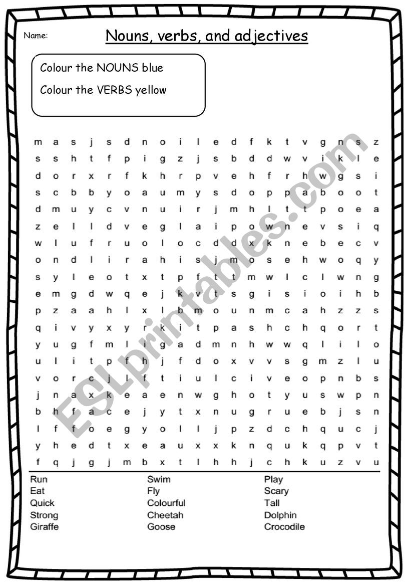 Nouns Verbs And Adjectives Word Search