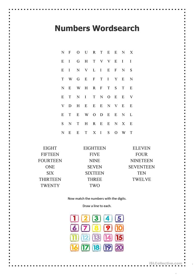 Numbers 1-20 Wordsearch - English Esl Worksheets For