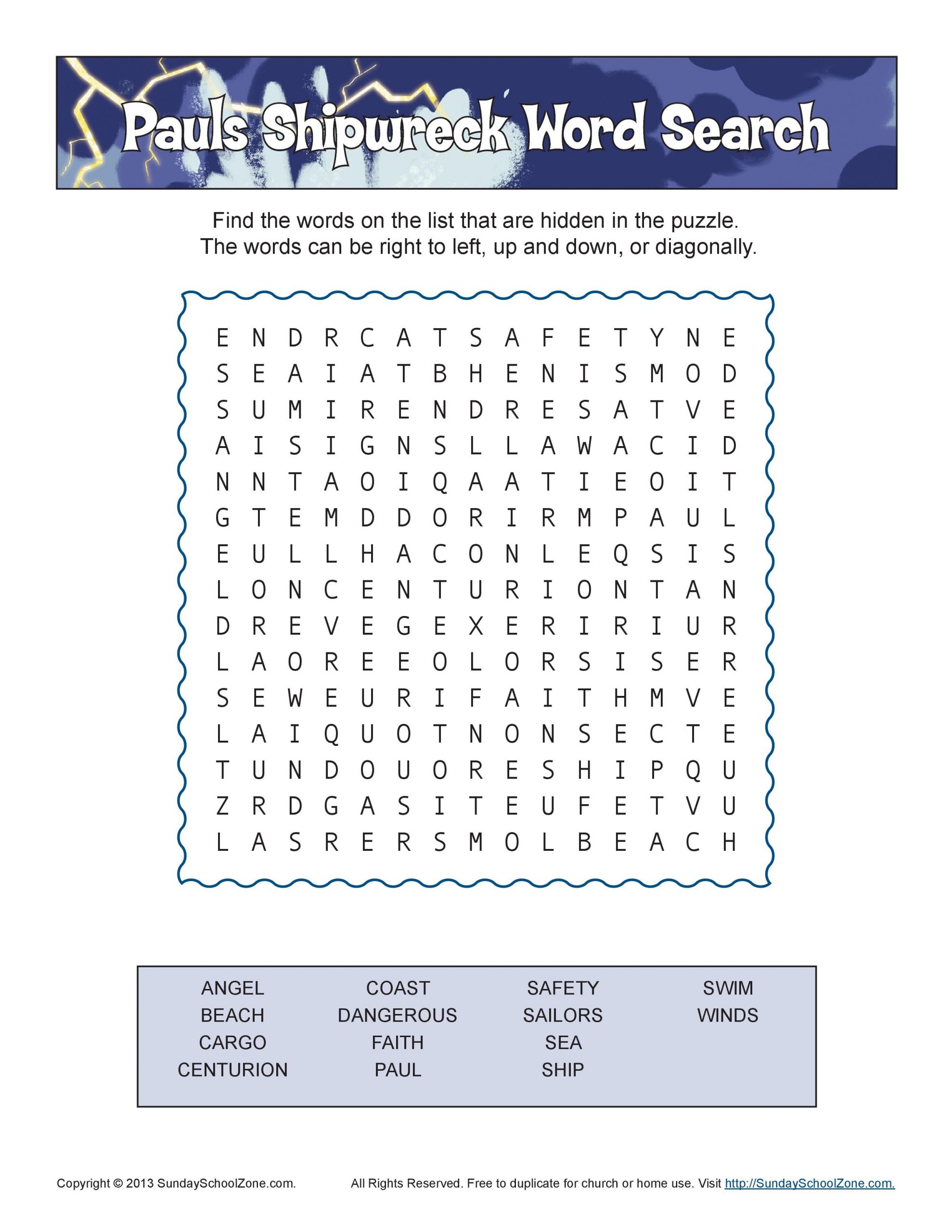 Paul&amp;#039;s Shipwreck Word Search | Sunday School Activities