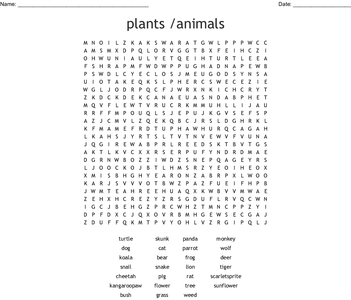 Plants /animals Word Search - Wordmint