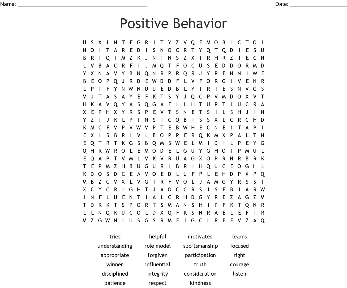 Positive Behavior Word Search - Wordmint