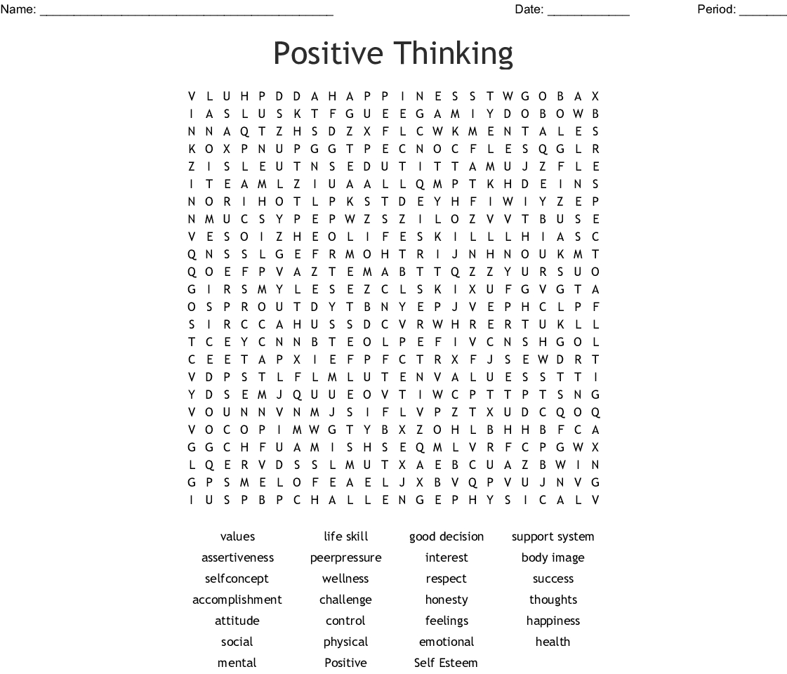 Positive Attitude Word Search Printable