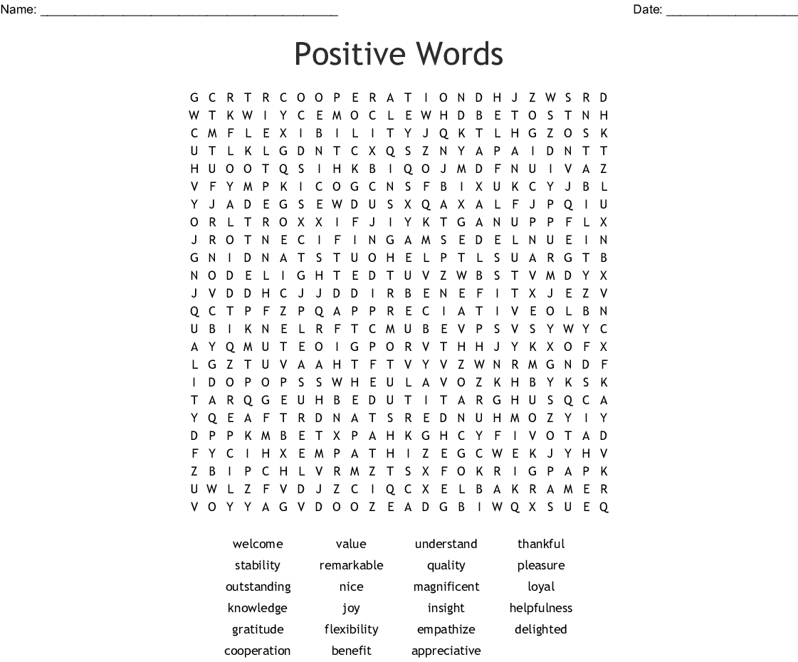 Positive Words Word Search - Wordmint