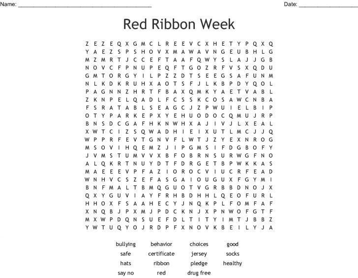 Red Ribbon Week Printable Word Search