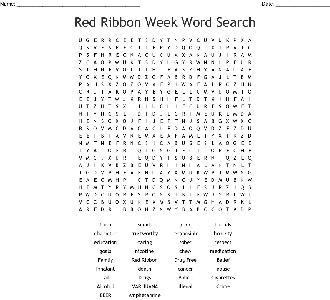 Red Ribbon Week Word Search - Wordmint