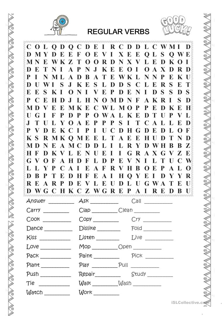 Regular Verbs Wordsearch (Past Tense Form) - English Esl