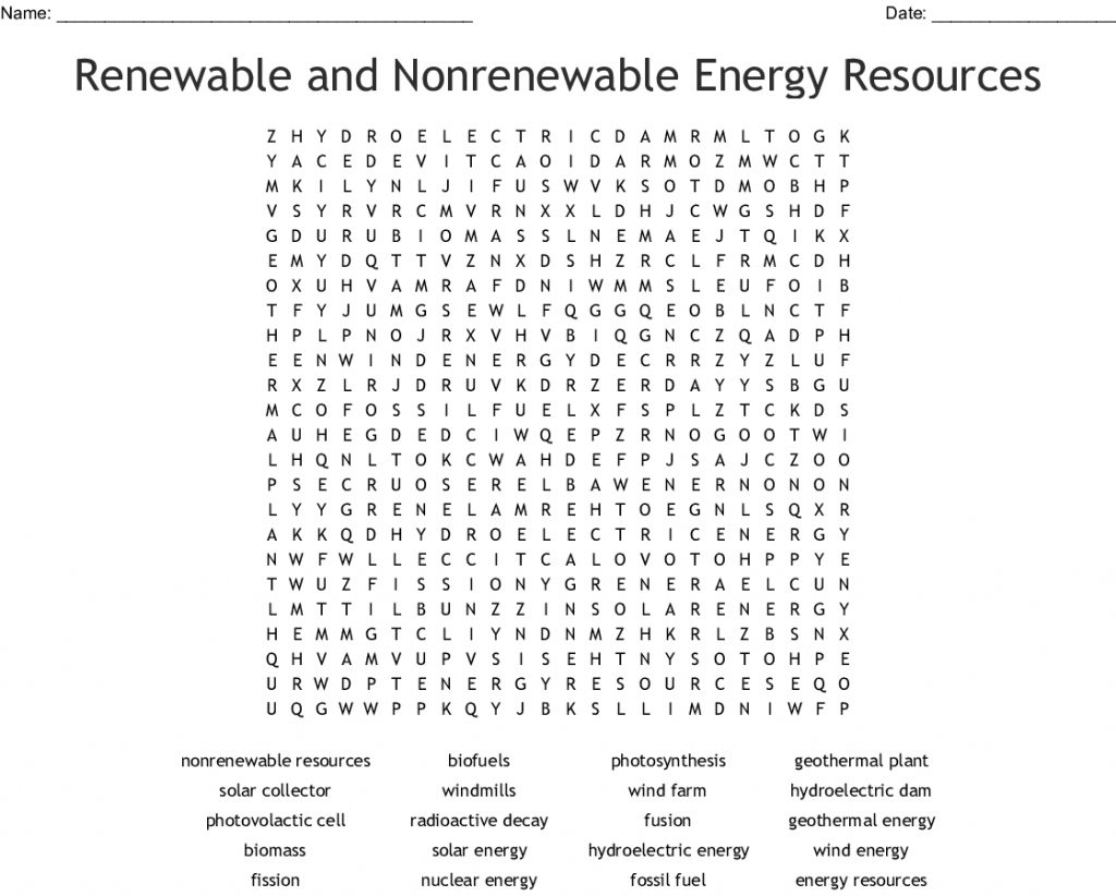 Renewable And Nonrenewable Energy Resources Word Search Word Search Printable