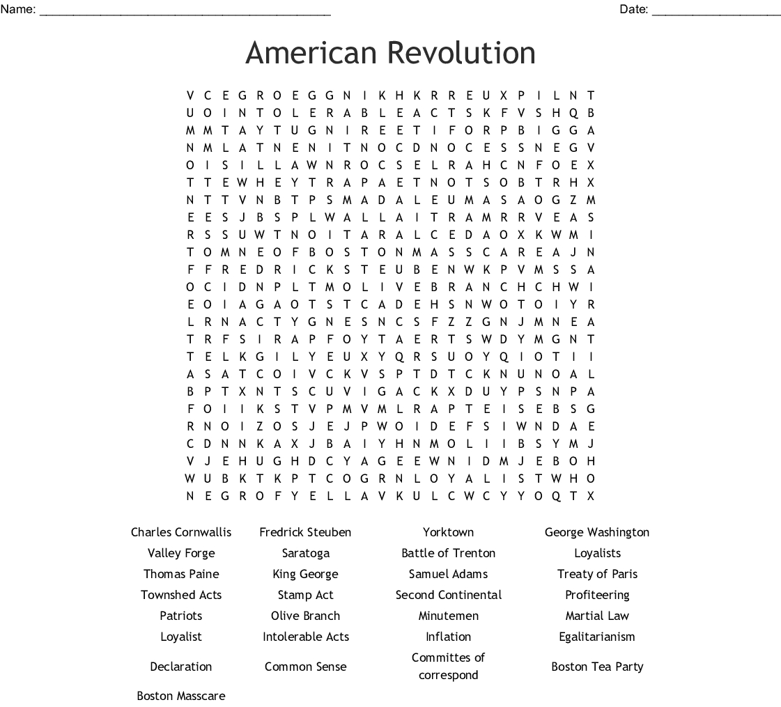 Revolutionary War Word Search - Wordmint