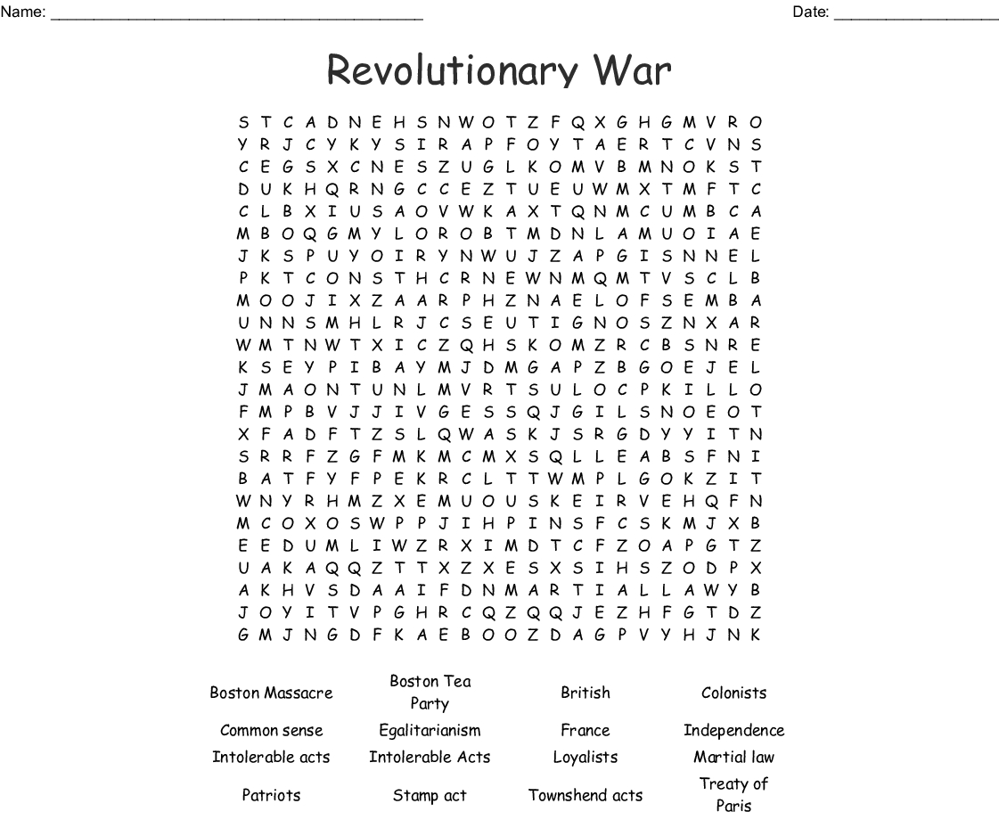 Revolutionary War Word Search - Wordmint