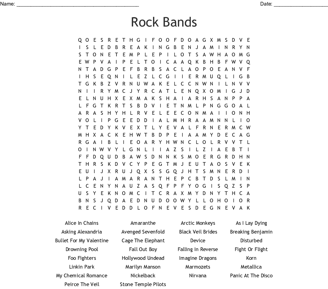 Rock Bands Word Search - Wordmint