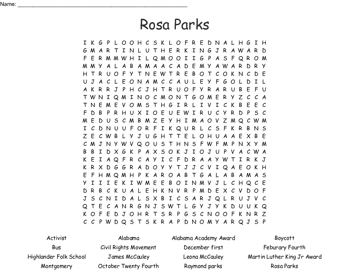 Rosa Parks Word Search - Wordmint