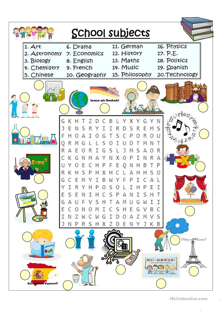 School Subjects Word Search - English Esl Worksheets For