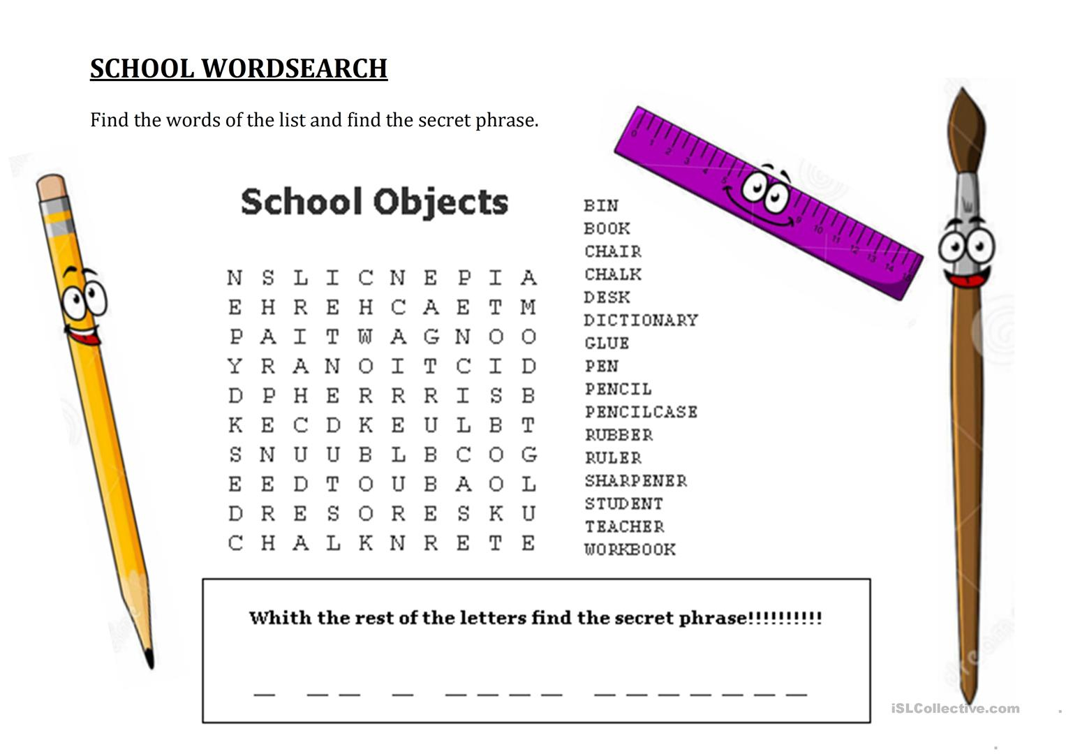 School Wordsearch - Hidden Message - English Esl Worksheets