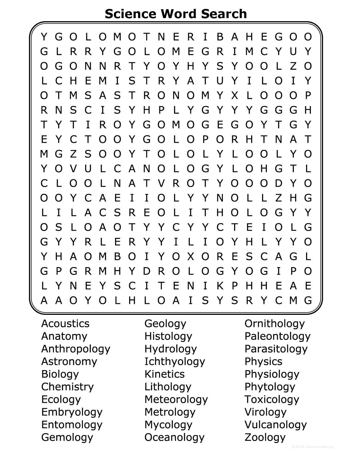 Science Disciplines Word Search