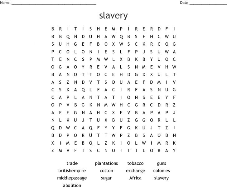 Slavery Word Search Printable