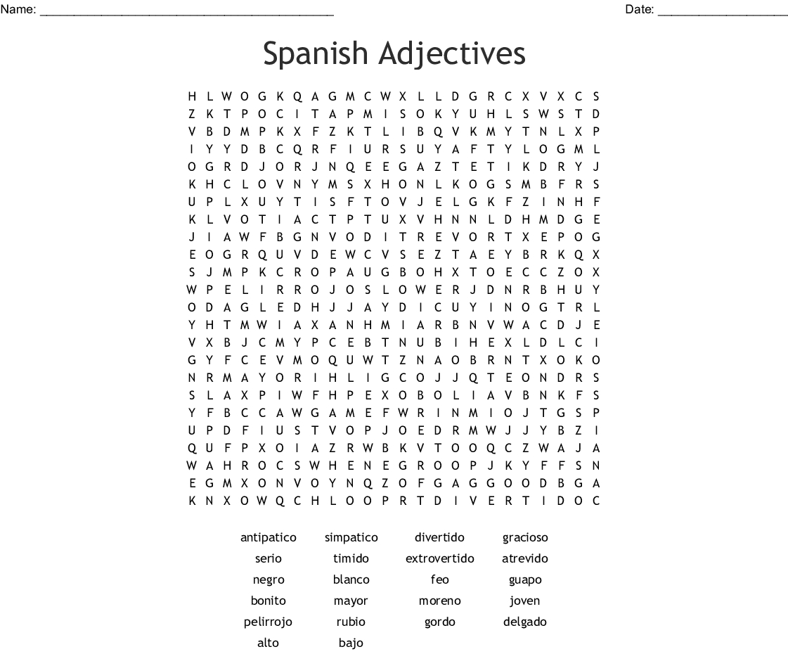 Spanish Adjectives Word Search - Wordmint