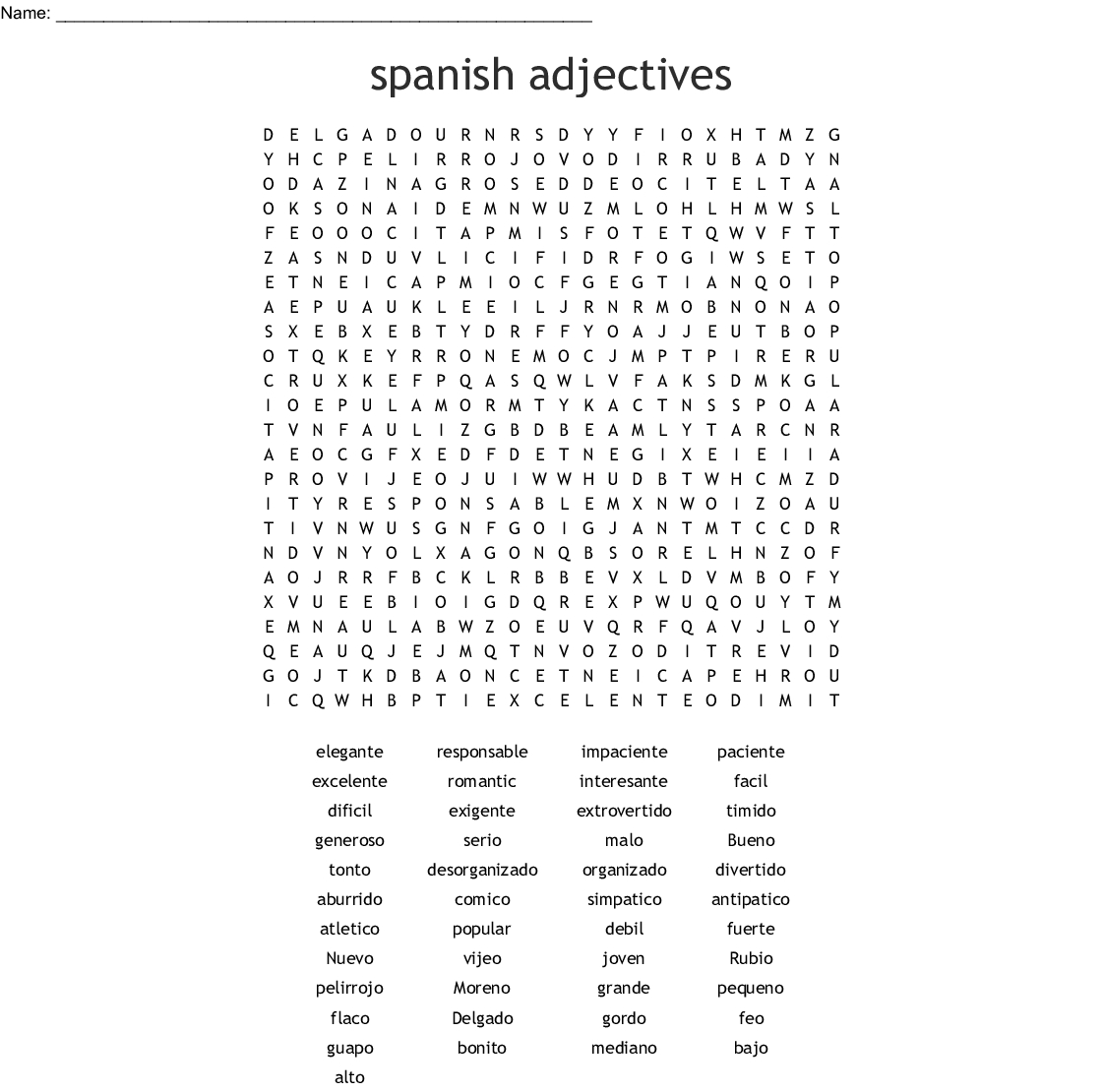 Spanish Adjectives Word Search Answer Key Pdf