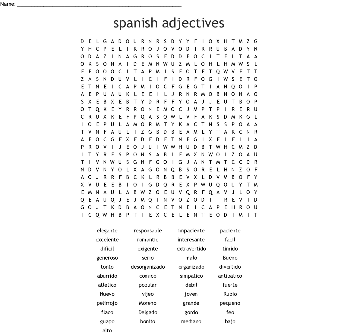Spanish Adjectives Word Search - Wordmint