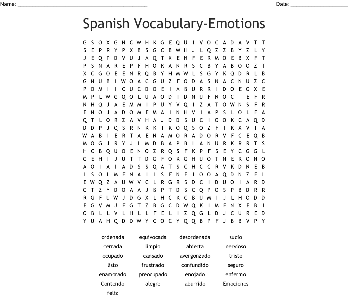 Spanish Emotions Word Search - Wordmint