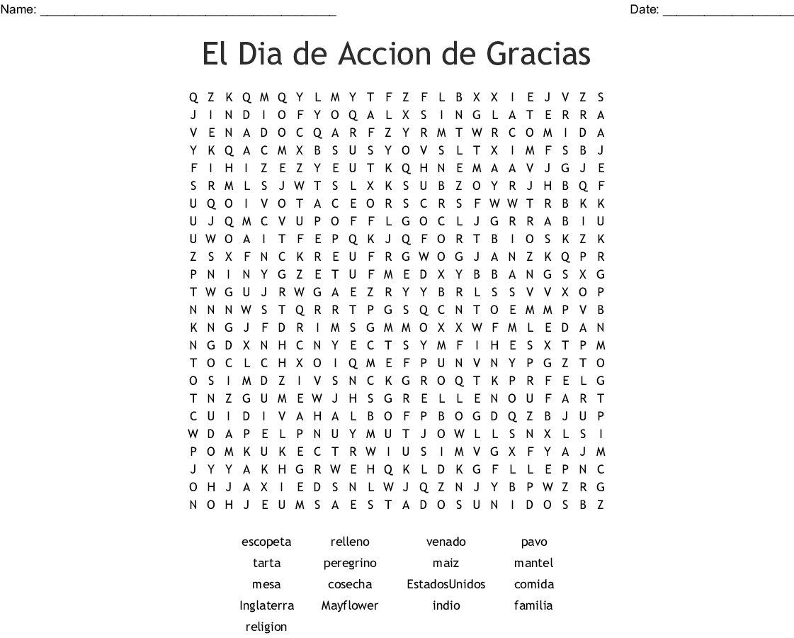 Spanish Thanksgiving Crossword Word Search - Wordmint