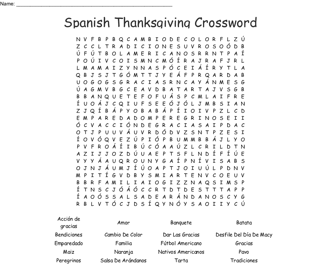 Spanish Thanksgiving Crossword Word Search - Wordmint