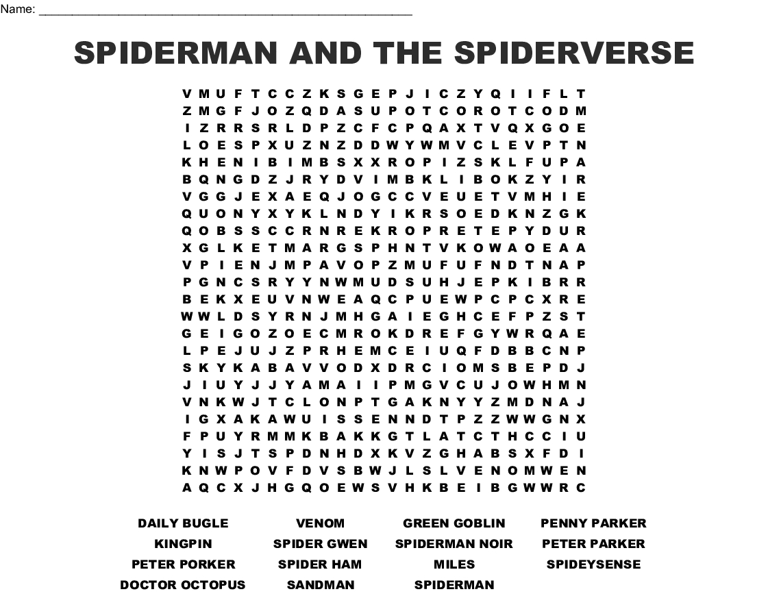 Spiderman And The Spiderverse Word Search - Wordmint