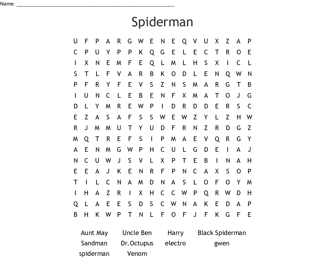 Spiderman Word Search - Wordmint