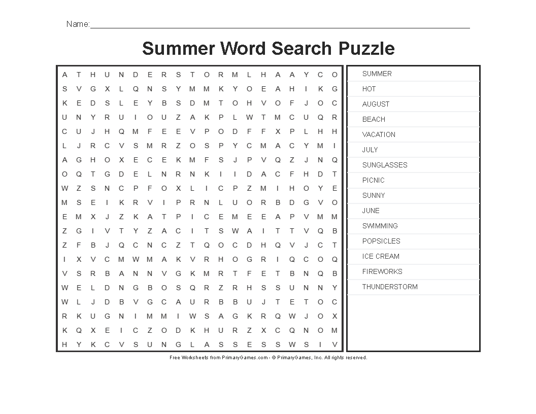 Summer Worksheets: Summer Word Search Puzzle • Free Online