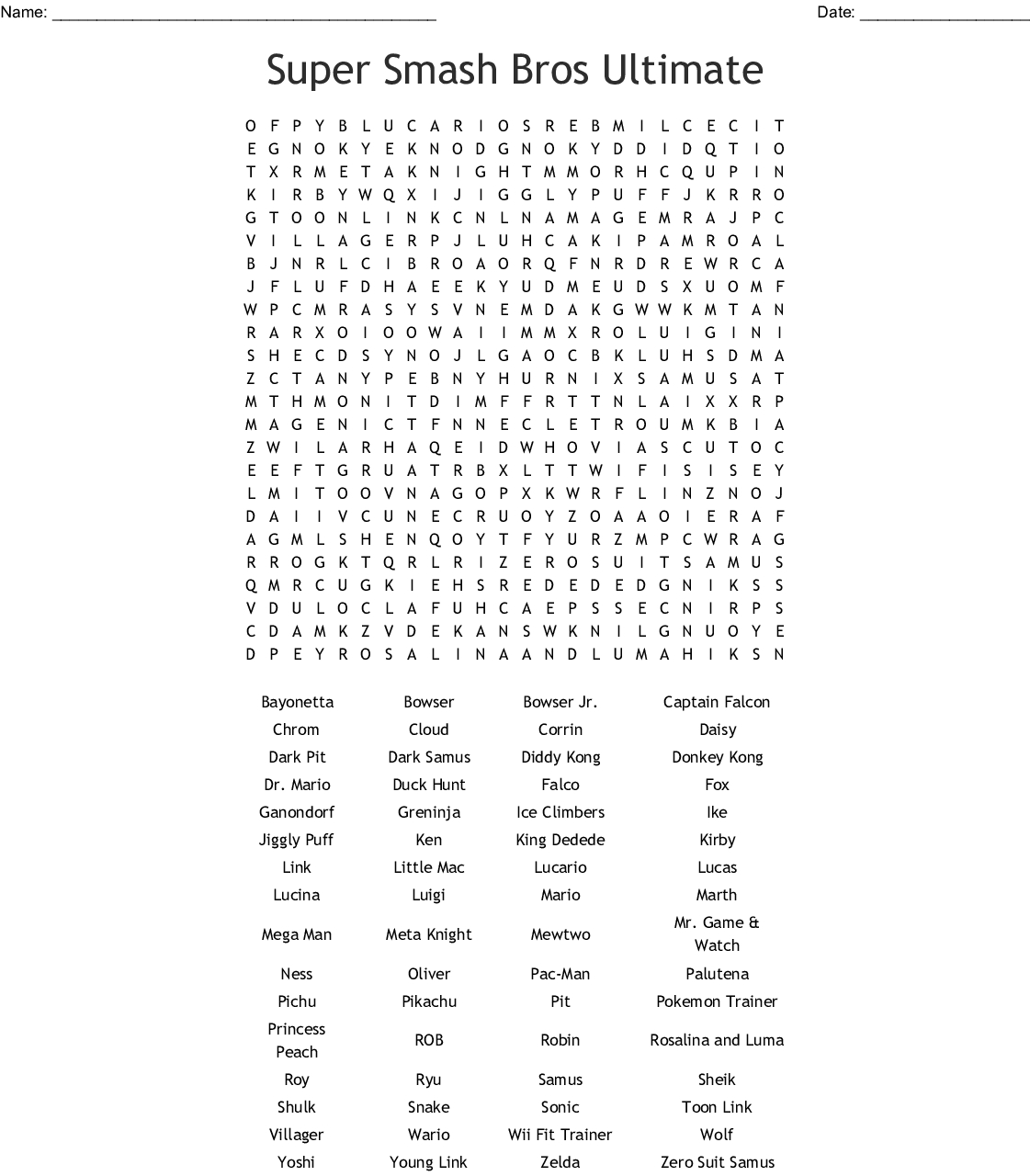Super Smash Bros Ultimate Characters Word Search - Wordmint