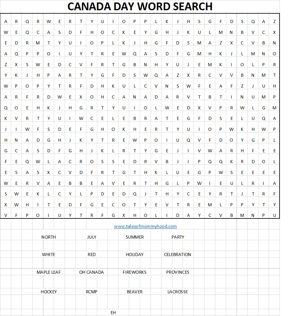 Tales Of Mommyhood: Canada Day Word Search Printable