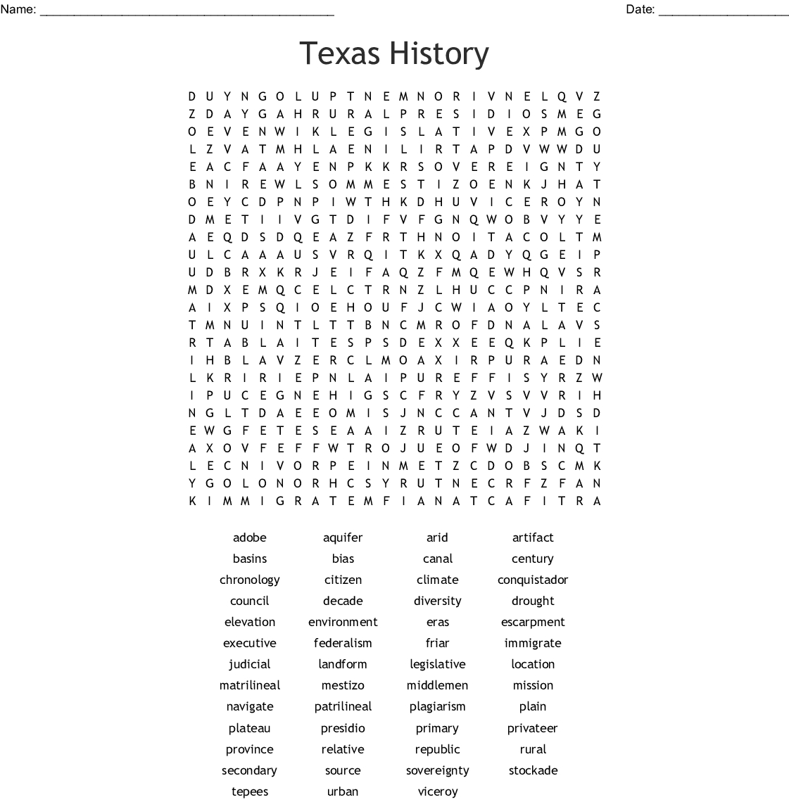 Texas History Word Search - Wordmint