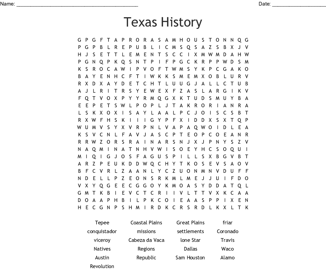 Texas History Word Search - Wordmint