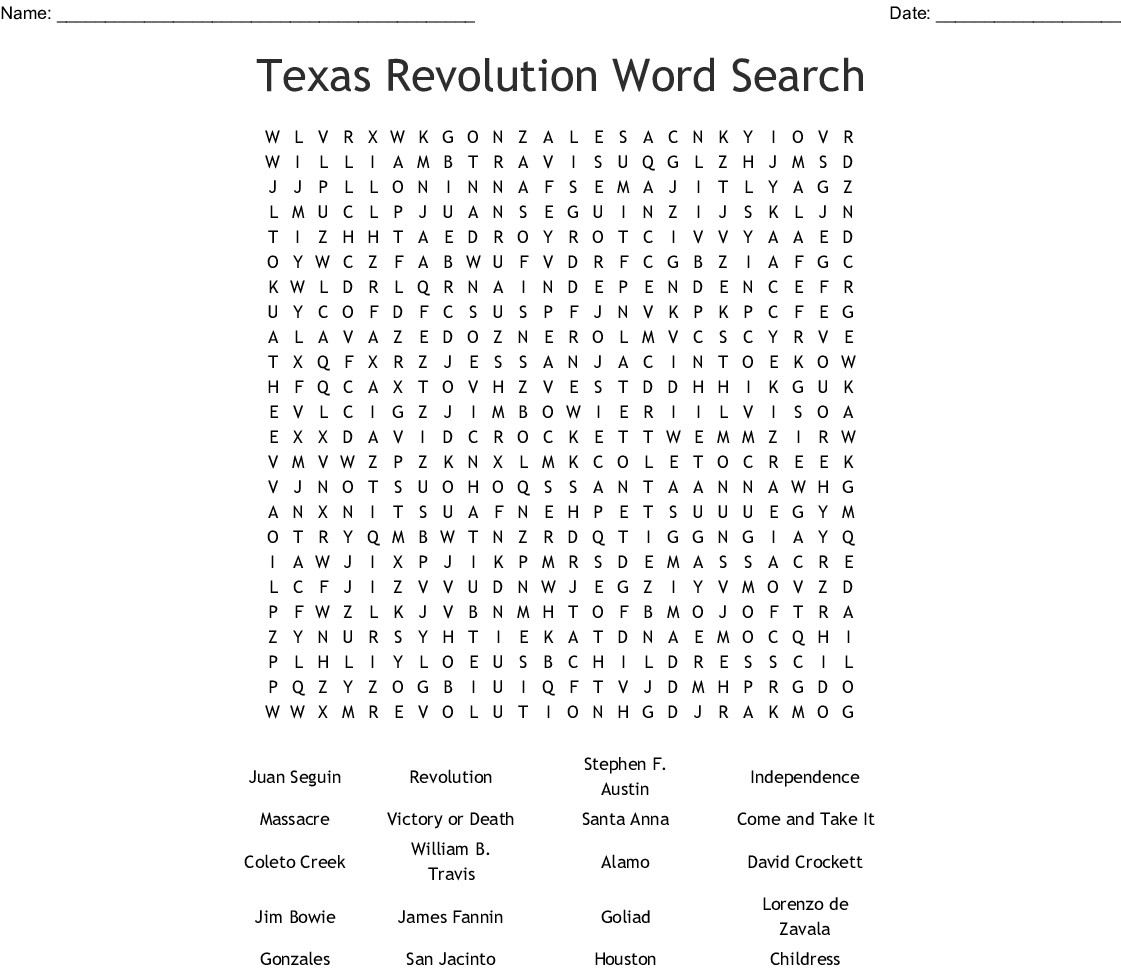 Texas Revolution Word Search - Wordmint