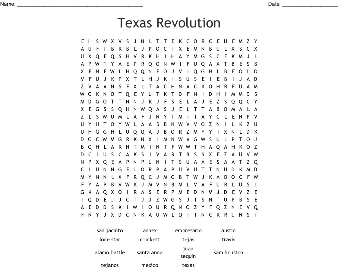 Texas Revolution Word Search - Wordmint