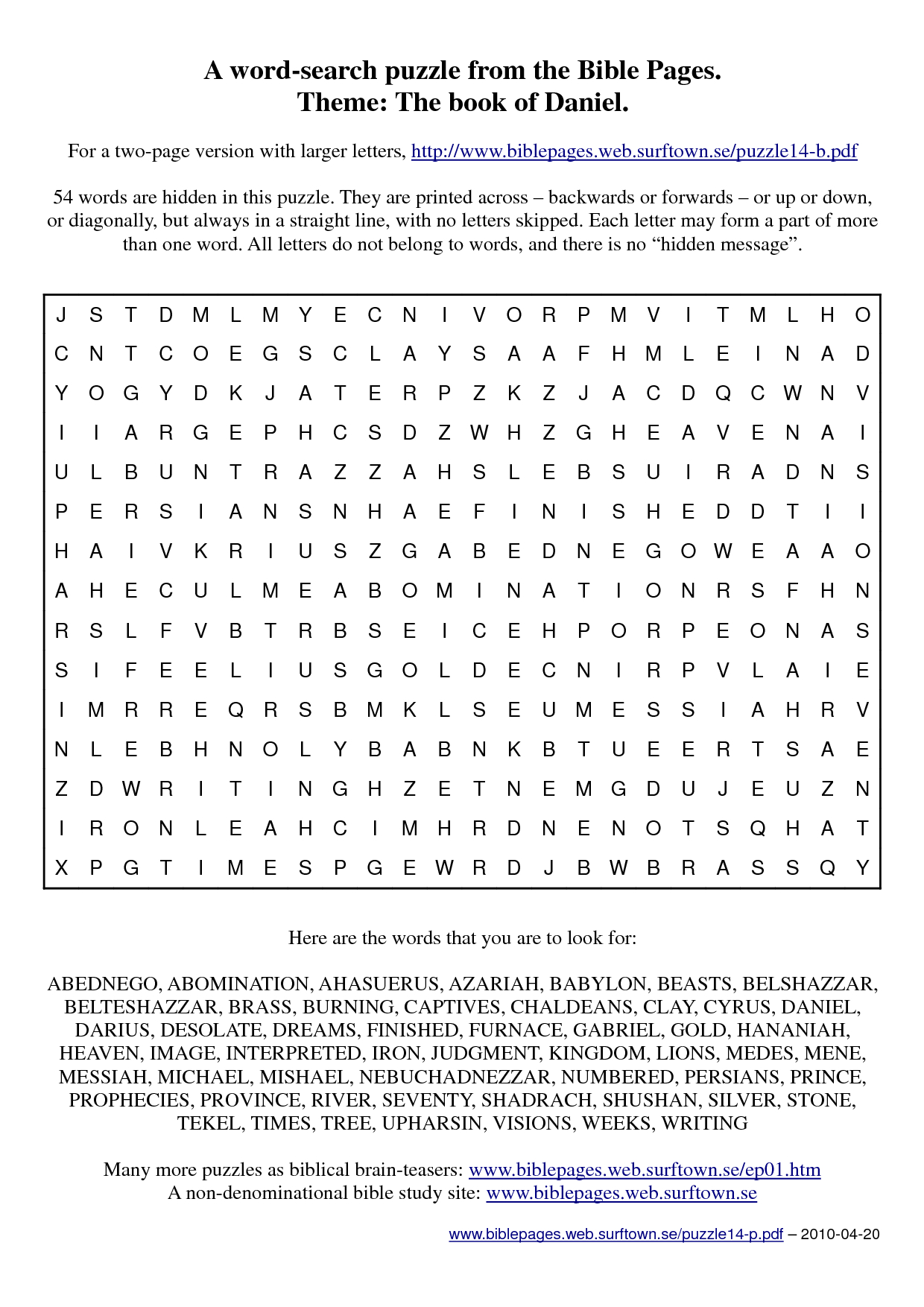 The Book Of Daniel - A Word-Search Puzzle | Bible Word