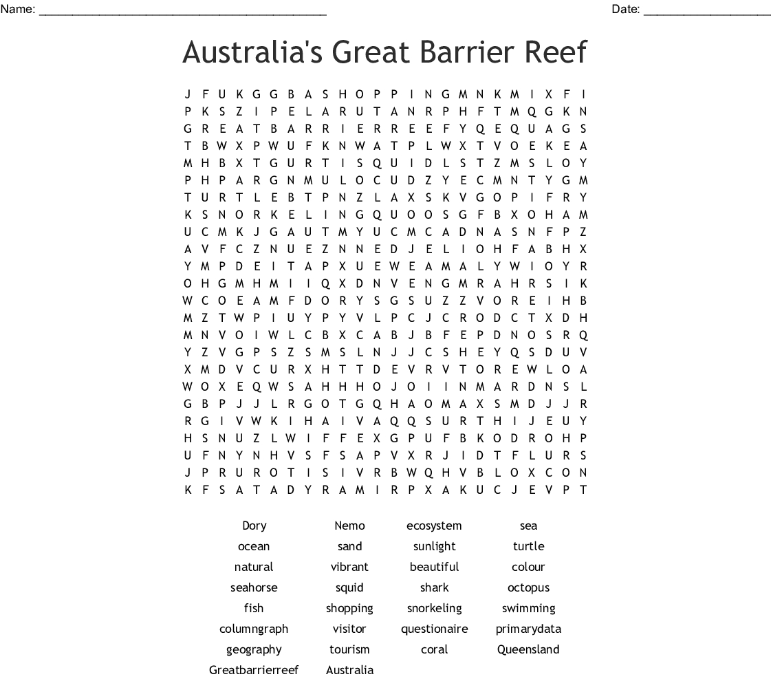 The Great Barrier Reef Word Search - Wordmint