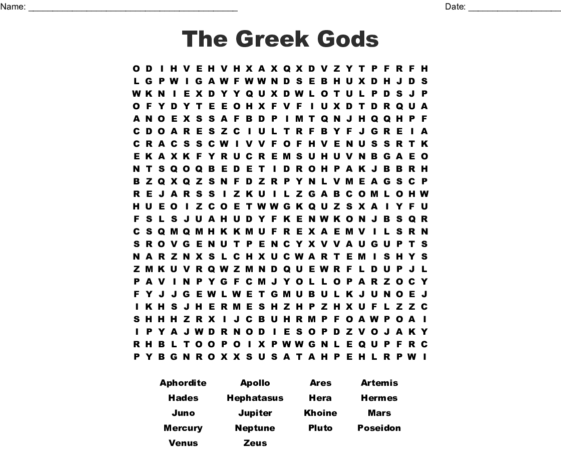 Greek Gods And Goddesses Word Search