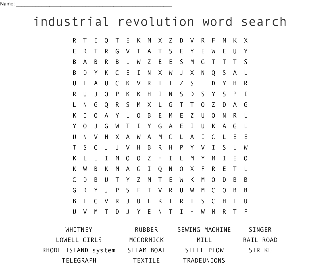 The Industrial Revolution Word Search - Wordmint