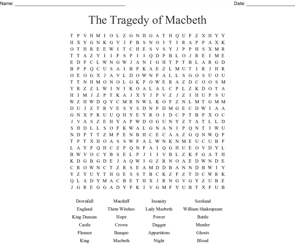 The Tragedy Of Macbeth Word Search Wordmint Word Search Printable