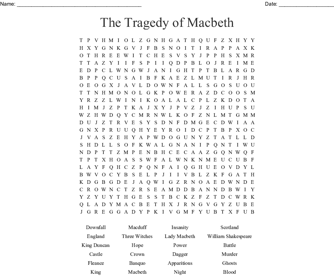 The Tragedy Of Macbeth Word Search - Wordmint