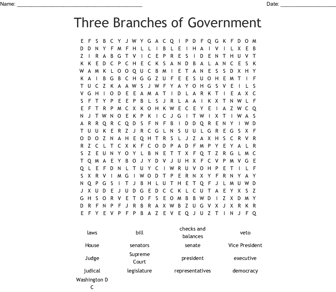 Three Branches Of Government Word Search - Wordmint