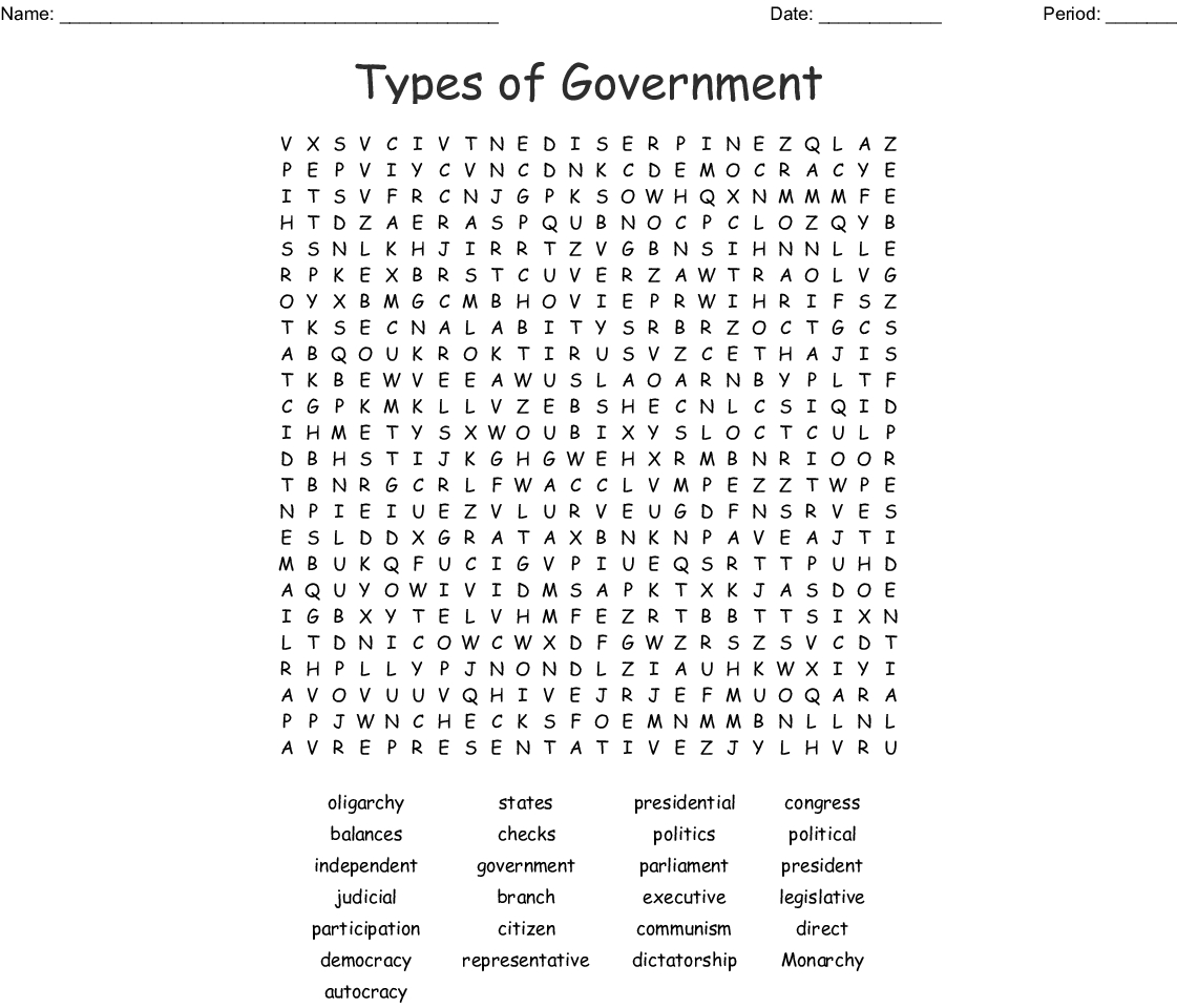 Types Of Government Word Search - Wordmint