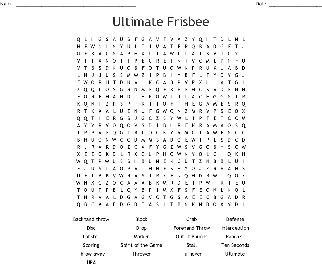 Ultimate Frisbee Word Search - Wordmint