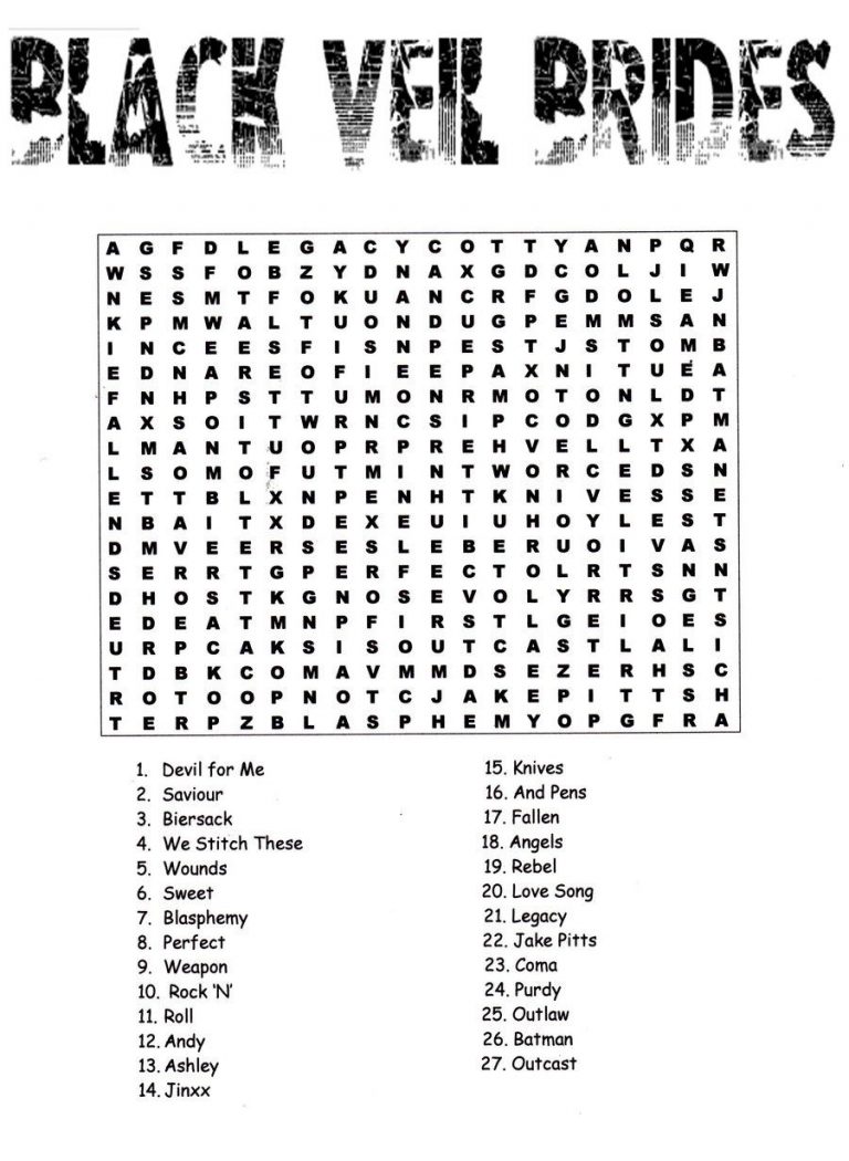 Very Hard Word Searches Printable Black Veil Brides Word Search