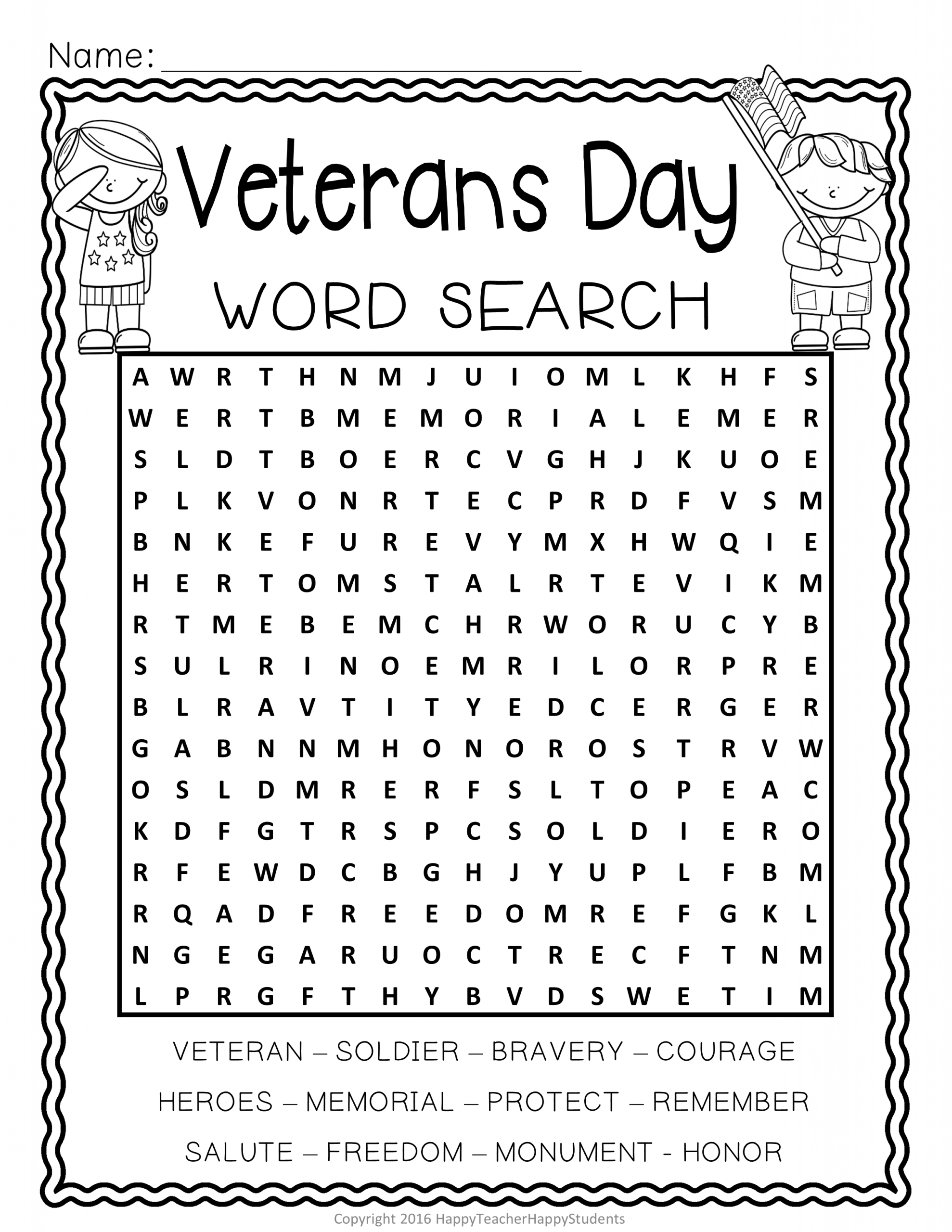 Veterans Day Word Search Activity (With Answer Key) Happy