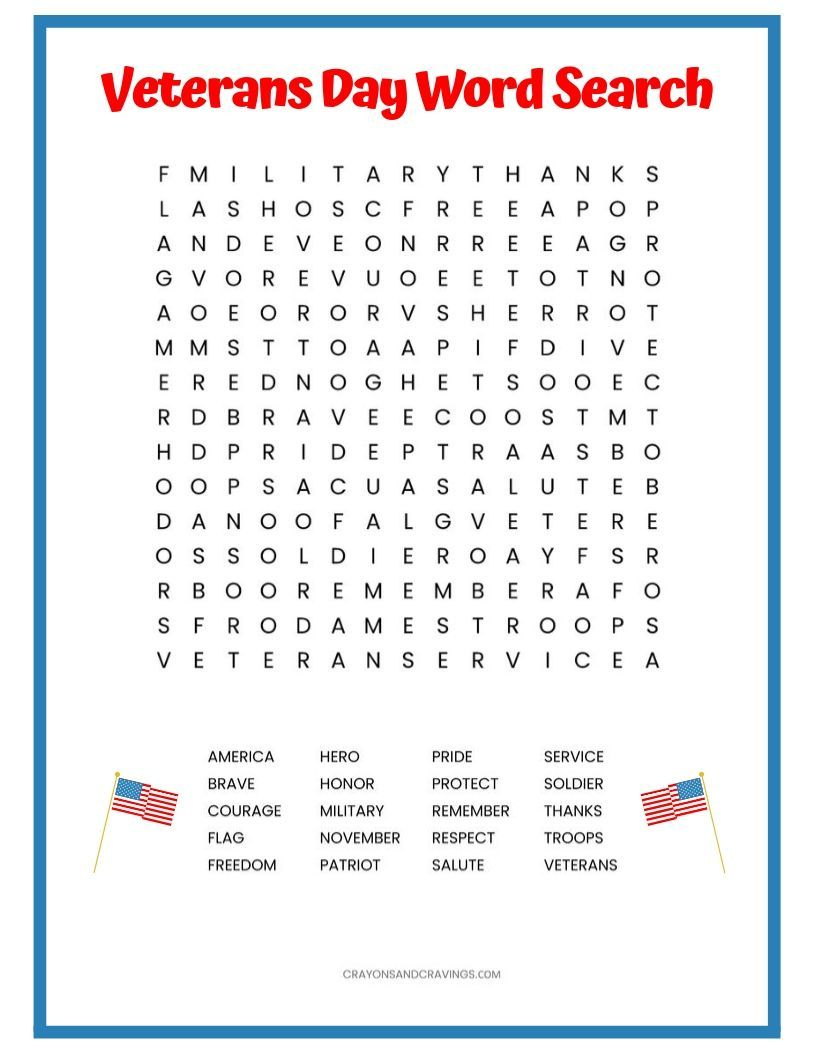 Veterans Day Word Search Printable Worksheet With 20 Words