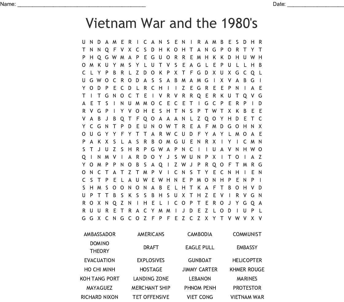 Vietnam War And The 1980&amp;#039;s Word Search - Wordmint