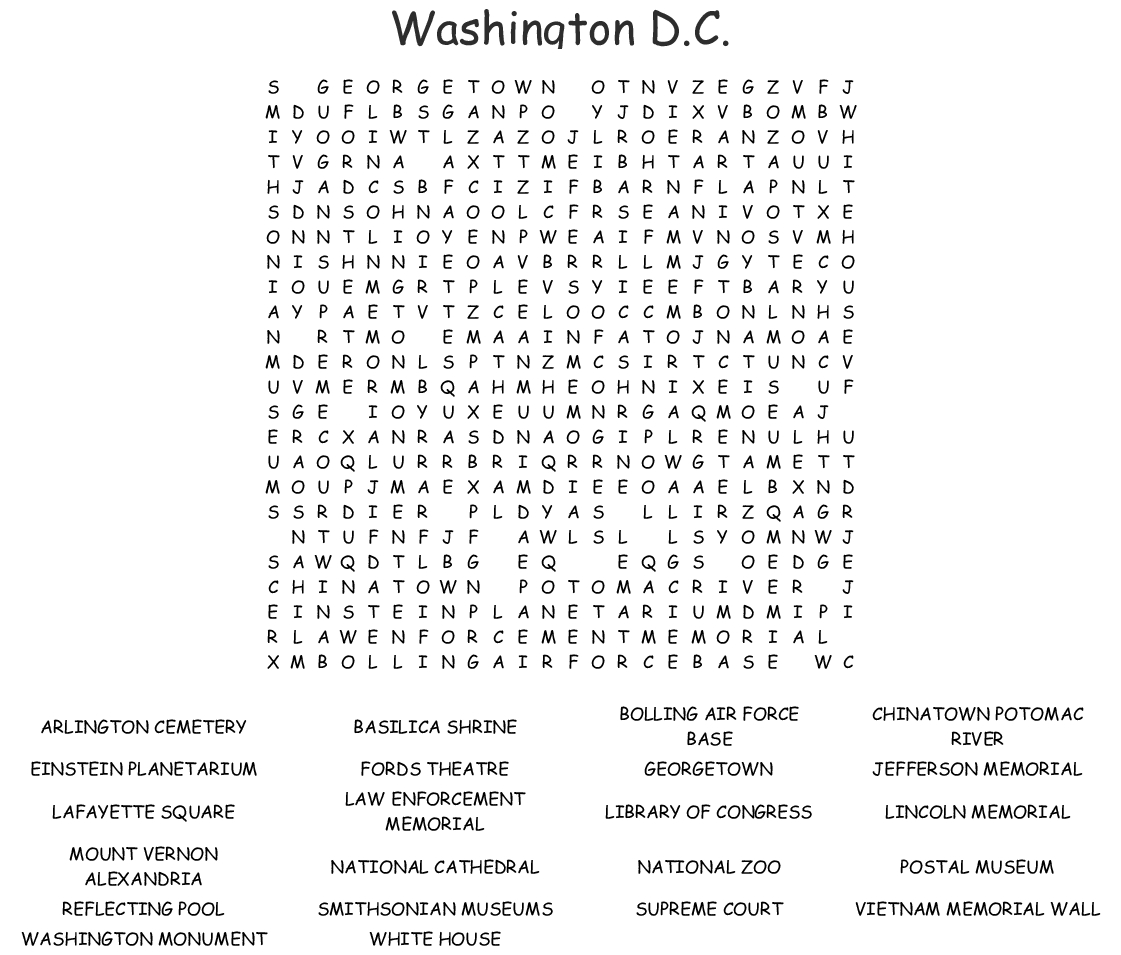 Washington Dc Word Search Printable Word Search Printable