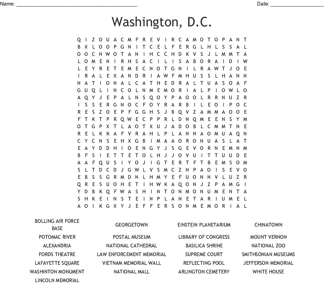 Washington Dc - District Of Columbia Word Search - Wordmint