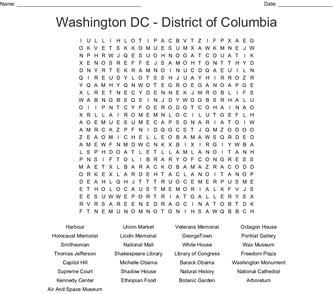 Washington Dc - District Of Columbia Word Search - Wordmint